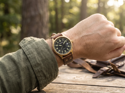 ARISTO Militäruhr AS 2072 Automatic 42 Gold PVD am Handgelenk getragen