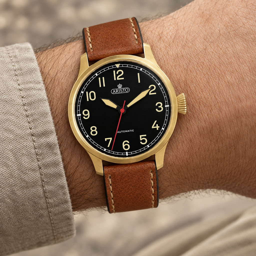 ARISTO Militäruhr AS 2072 Automatic 42 Gold PVD, Modell 0H2072-L, am Handgelenk