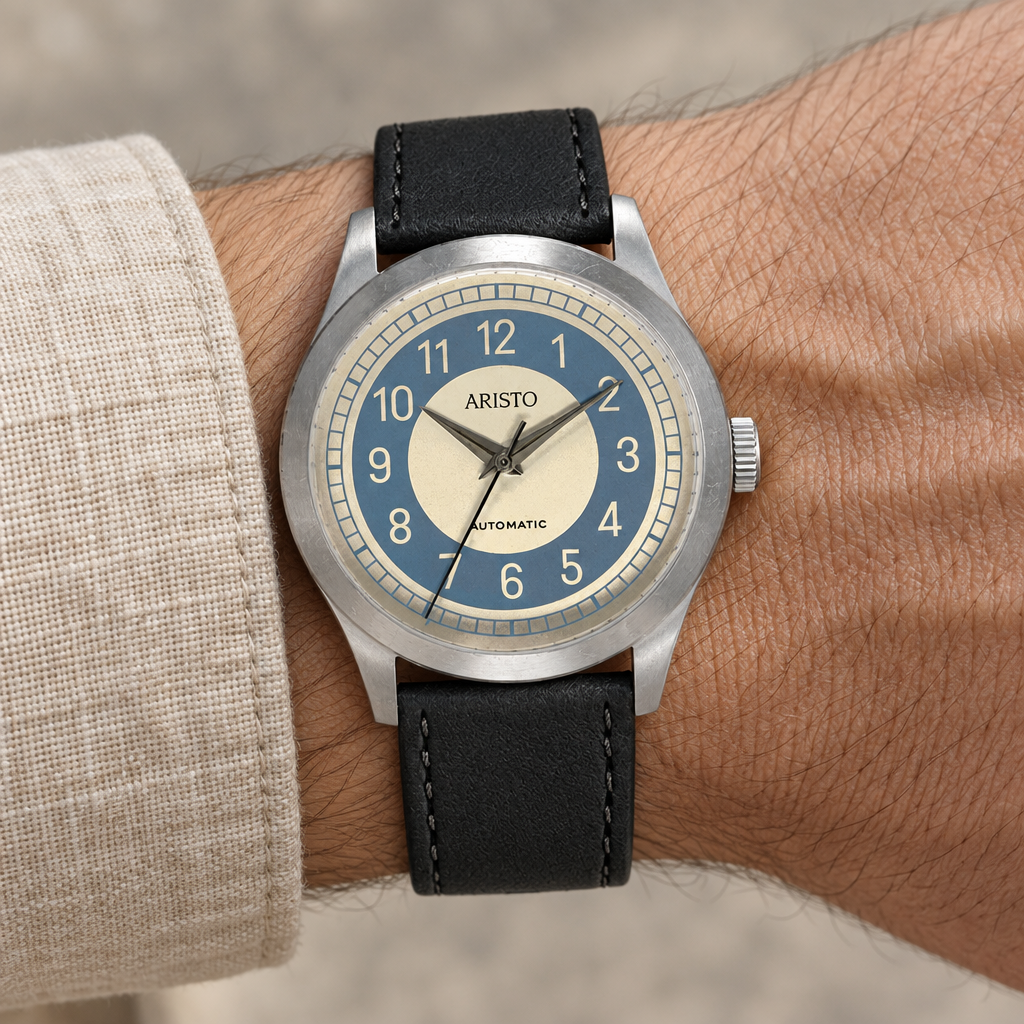 ARISTO Tacho-Uhr 7H167-AS-BL am Handgelenk mit sandfarbenem Leinenhemd