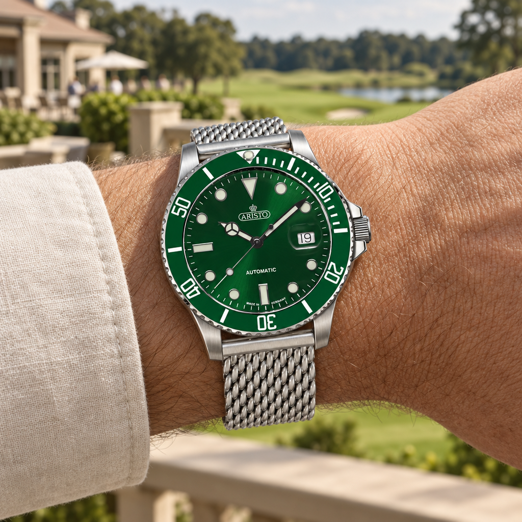 ARISTO Aquaristo 4H98294-GM mit grünem Zifferblatt und Milanaiseband am Handgelenk vor einer Golfclub-Terrasse